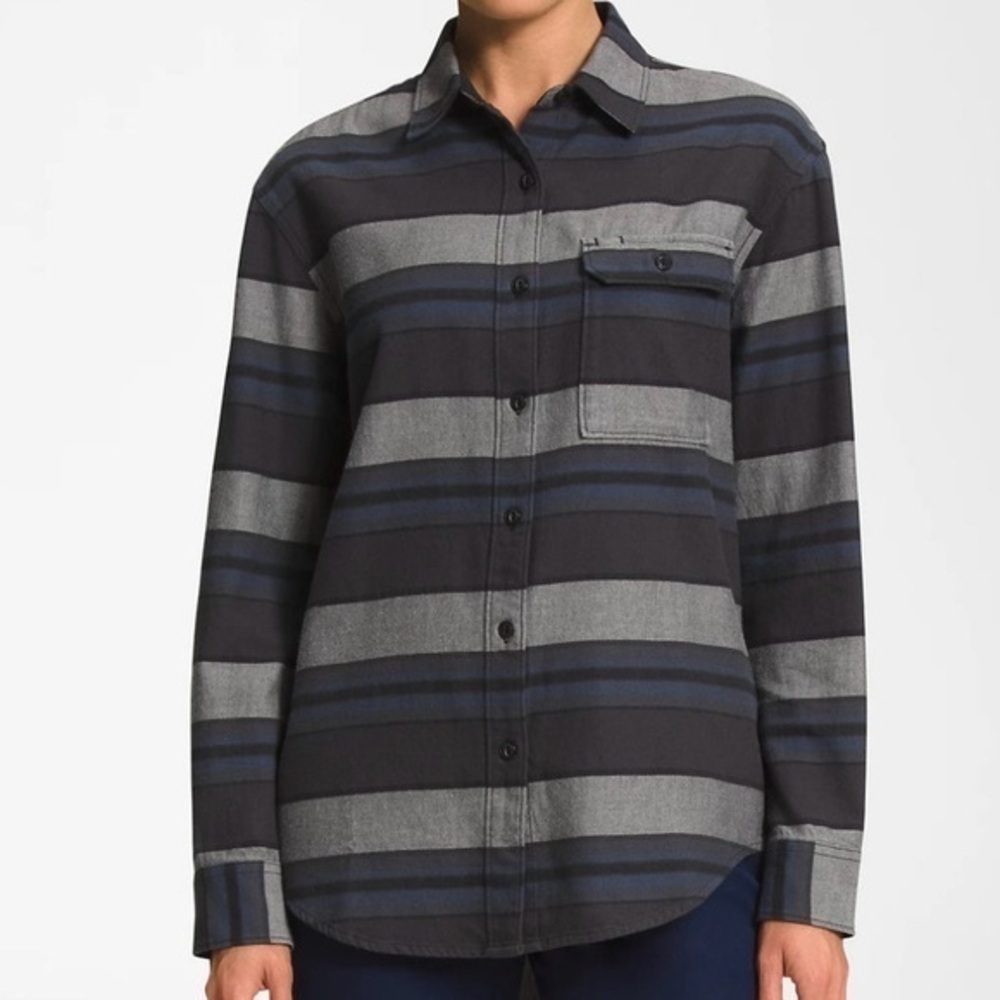 The North Face Berkeley Flannel Button-Up Shirt Gray/Navy Stripe M